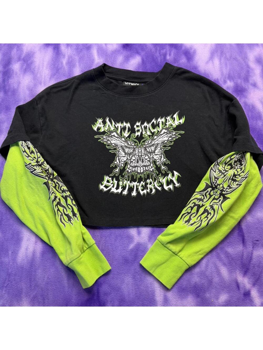 Vitriol anti social butterfly black and lime green double layer sleeve crop top